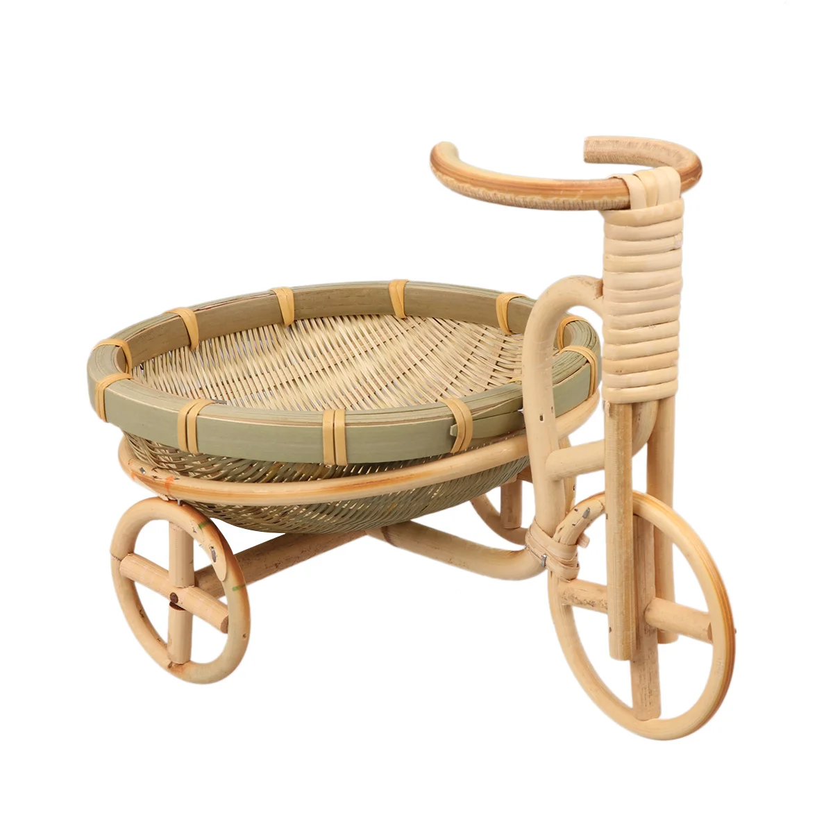 

1pc Bamboo Woven Fruit Basket Handmade Tricycle Shape Storage Holder For Food Serving Kitchen Decor Container