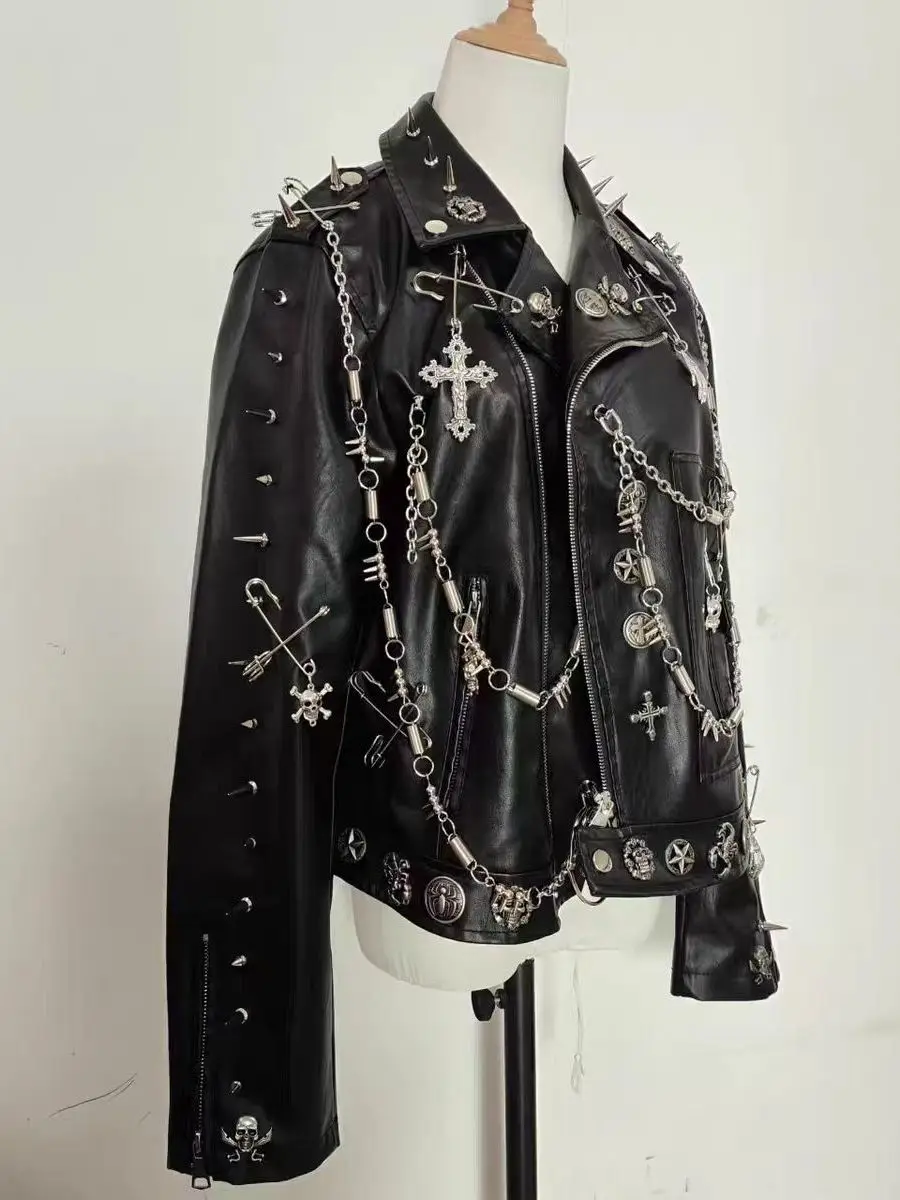Punk Sle ort PU Pelle Jaet Y2K Spicy Girl Streetwear Moto Rivetto Catena con teschio Capispalla da donna Faion