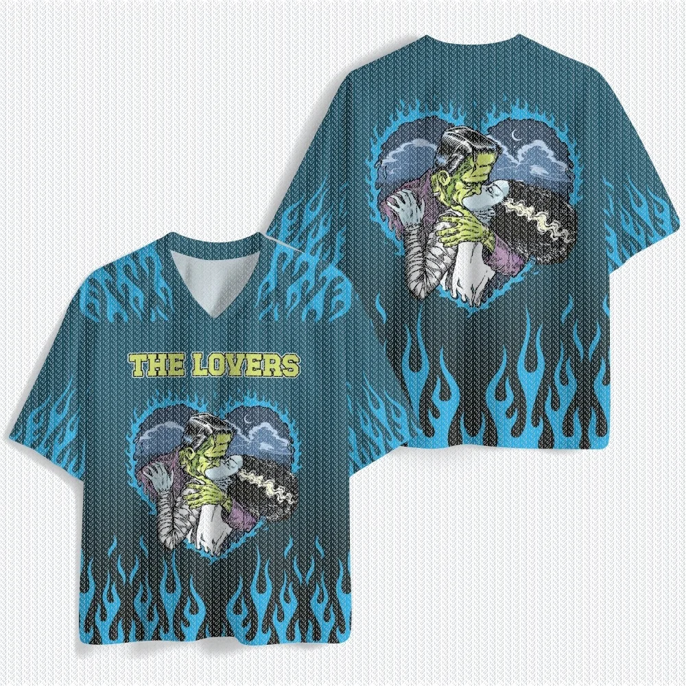 V-neck Full Print Flame Border Heart-shaped Gothic Monster Couple Letter Pattern Short Sleeved Street Football T-shirt