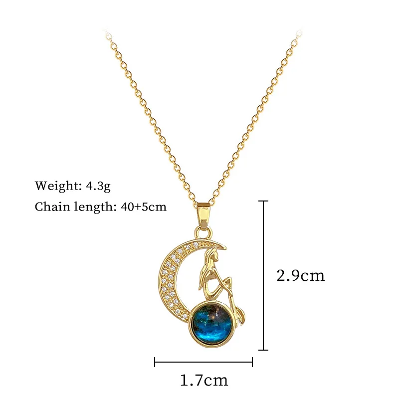 XIYANIKE 316L Stainless Steel Moon Blue Starry Sky Crystal Girl Portrait Pendant Necklace Women Elegant Design Clavicle Chain