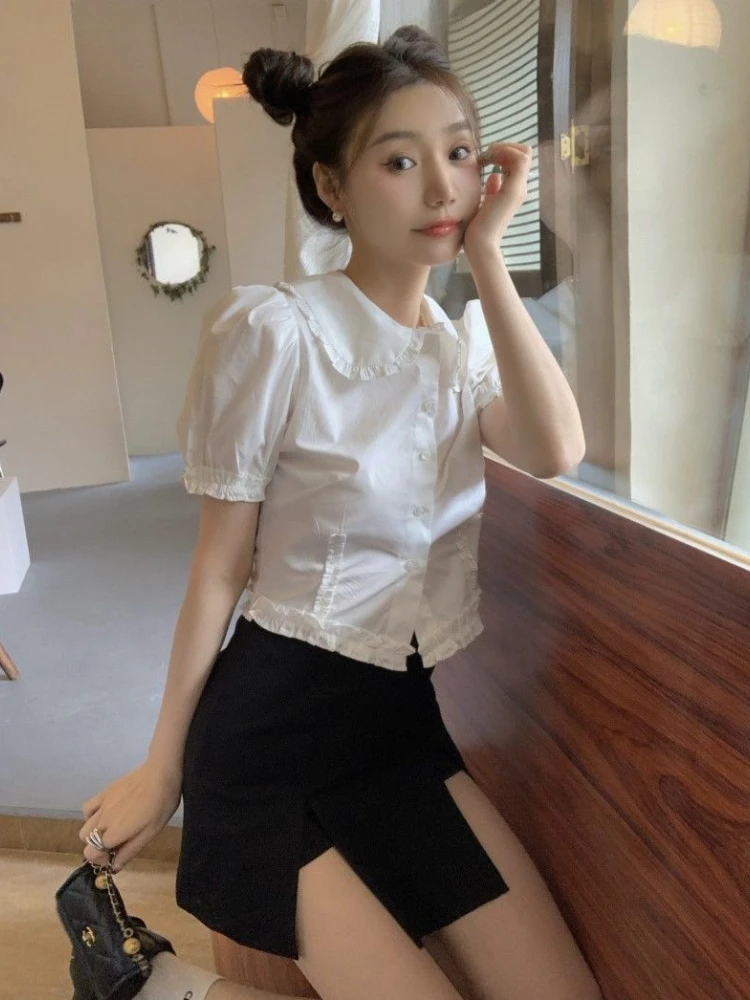 White Shirts Women Peter Pan Collar Kawaii Japanese Style Summer Crop Tops Elegant Chemise Femme Irregular Casual Short Sleeve