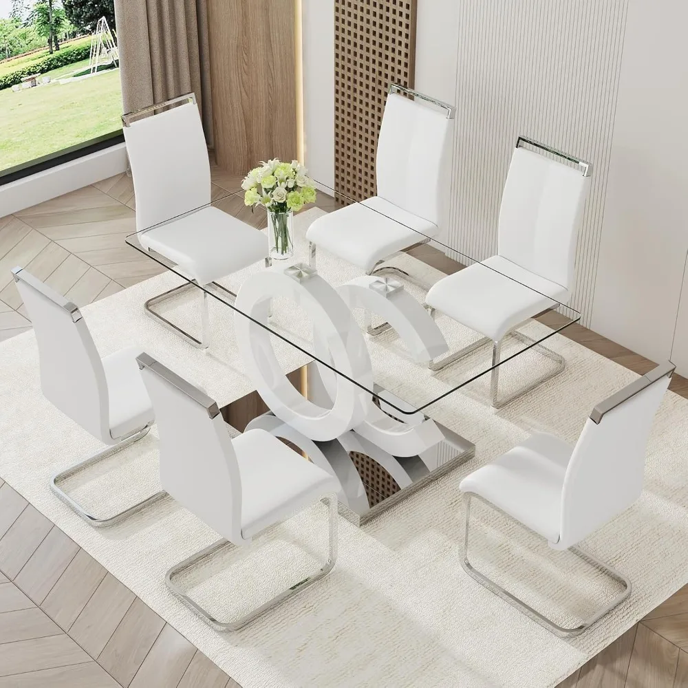 Juego de mesa de comedor de cristal para 6 ,7 piezas, mesa de vidrio templado, sillas de comedor ergonómicas de cuero PU, montaje fácil