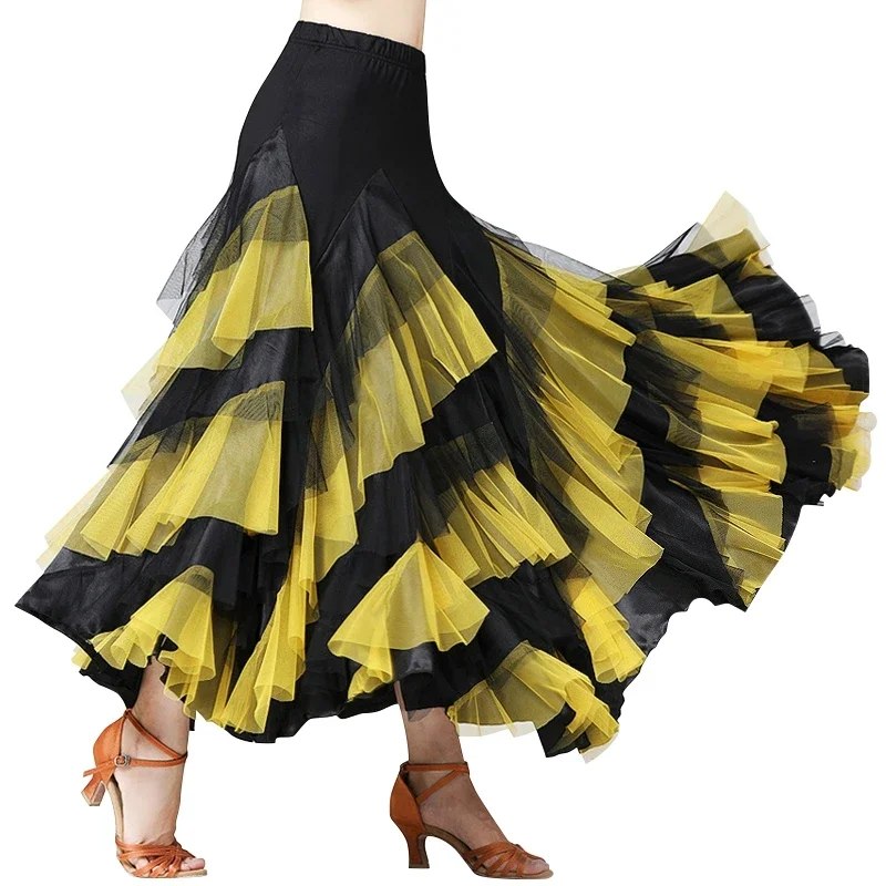 Moderna sala da ballo grande gonna altalena per le donne elegante raso multistrato abbinato colore Waltz Tango latino Dancedress
