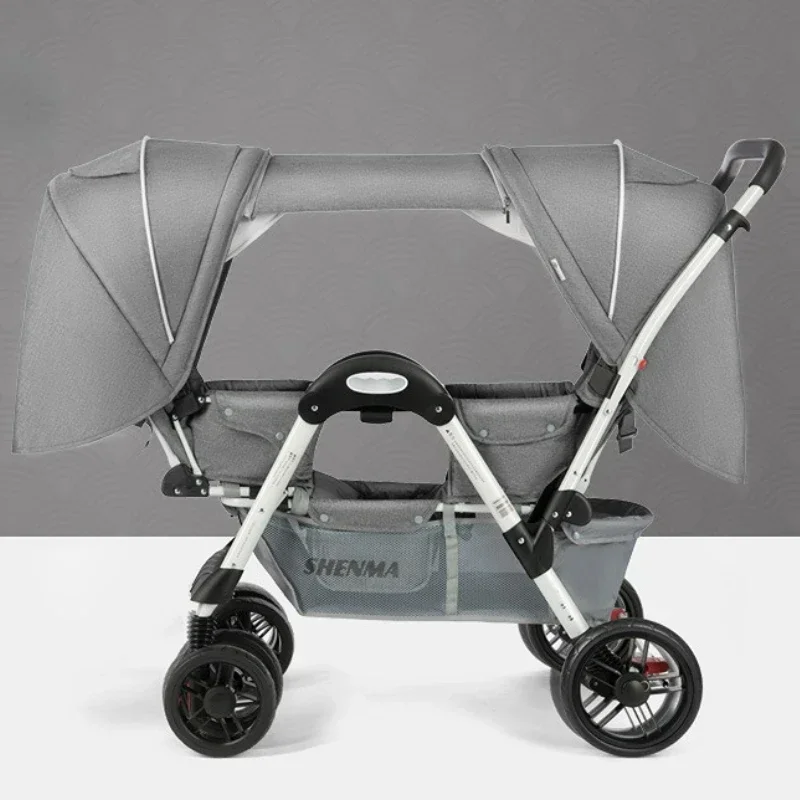 Multi-Funcional Twin Baby Stroller, quatro rodas amortecedores, assentos reclináveis, atualizado Canopy, versátil Pram duplo