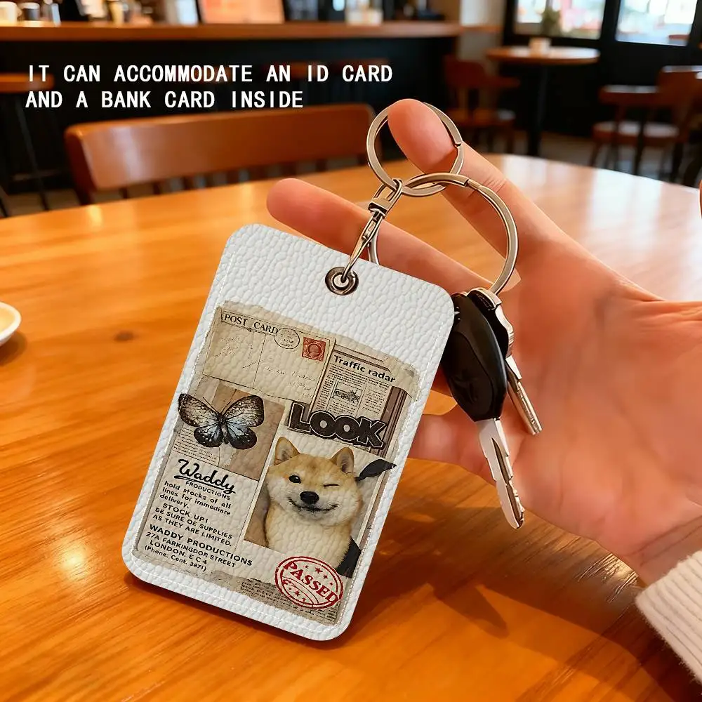 Cute Cartoon Cat Dog Card Holder Leather Card Storage Box Key Chain Access Tag Holder ID Card Holder Key Chain