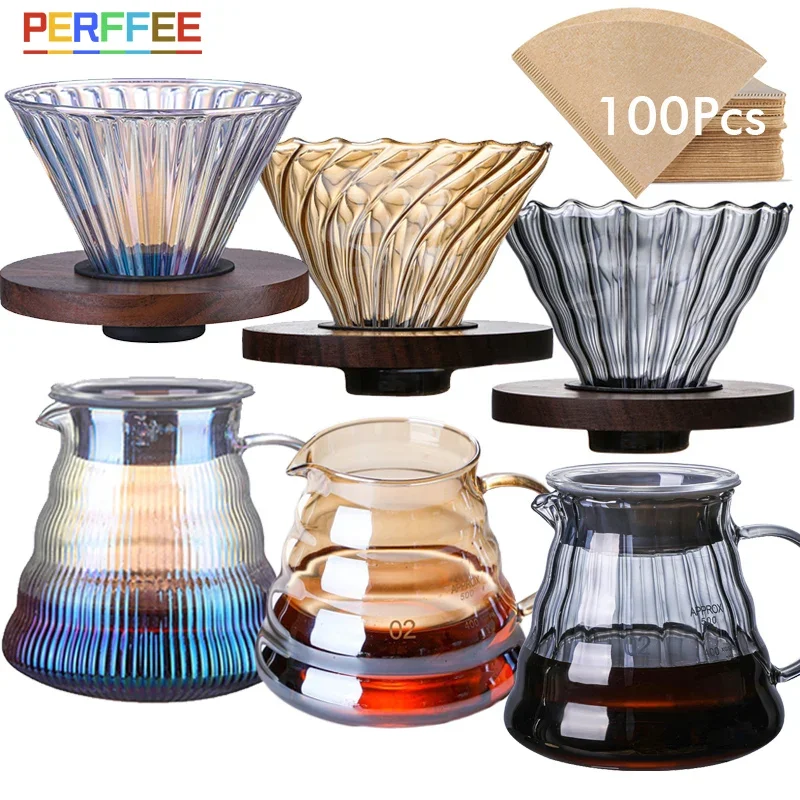 Pour Over Coffee Dripper With Wood Stand V02 Coffee Dripper Coffee Server Coffee Maker Brewing Cup Glass Pour Over Coffee Set