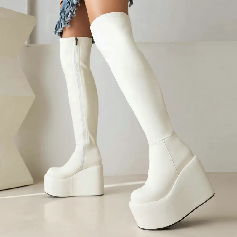 Pink Zip Up Gothic Punk Women Winter Shoes Platform Wedges High Heels Shoes Overknees Sexy Female Over-the-knee Stretch Boots