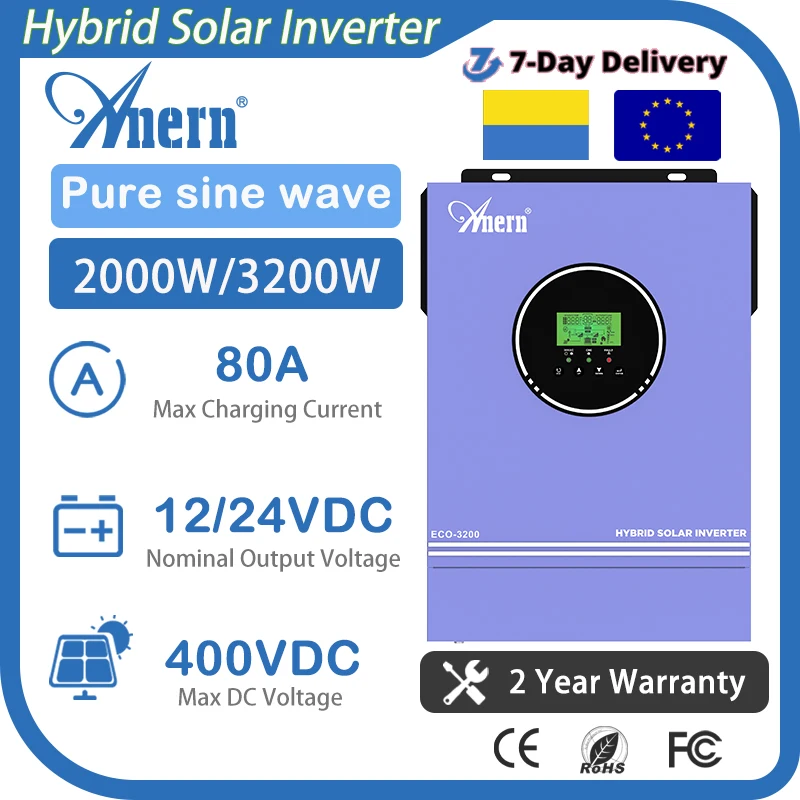 Anern Hybrid Solar Inverter 3.2KW 2KVA 12V 24V Battery Charger 230VAC Max PV 400V With 80A MPPT Charger Inverter 3200W 2000W