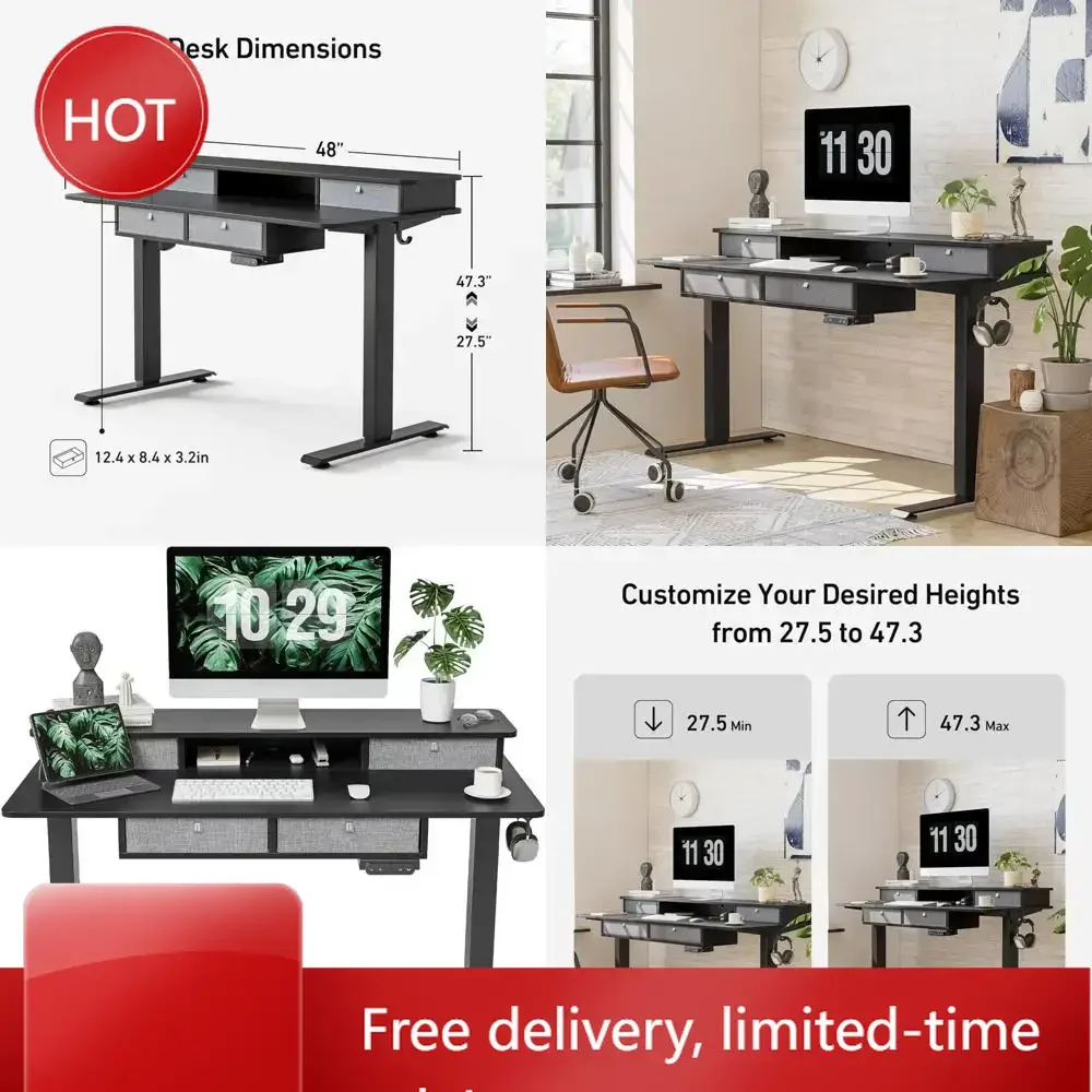 

Прочный регулируемый электрический стол с ящиками, столешница 48x24 дюйма с вместительной полкой для хранения, эргономичный стол для работы сидя и стоя.