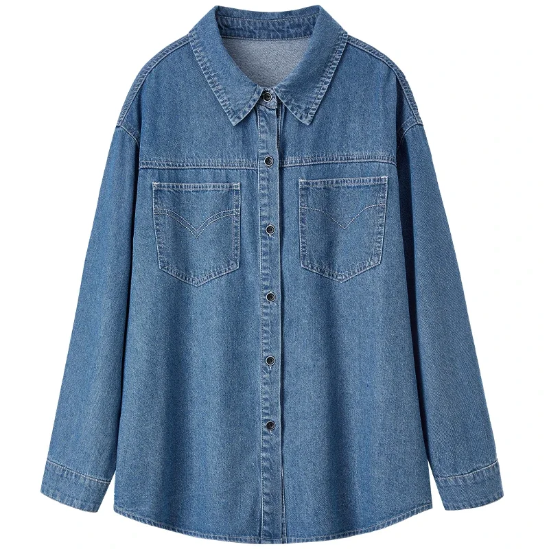 SENTUBILA Vintage Denim Shirts For Women Pockets Long Sleeve Polo Neck Button Down Shirt Blouses Streetwear Tops W31C47612