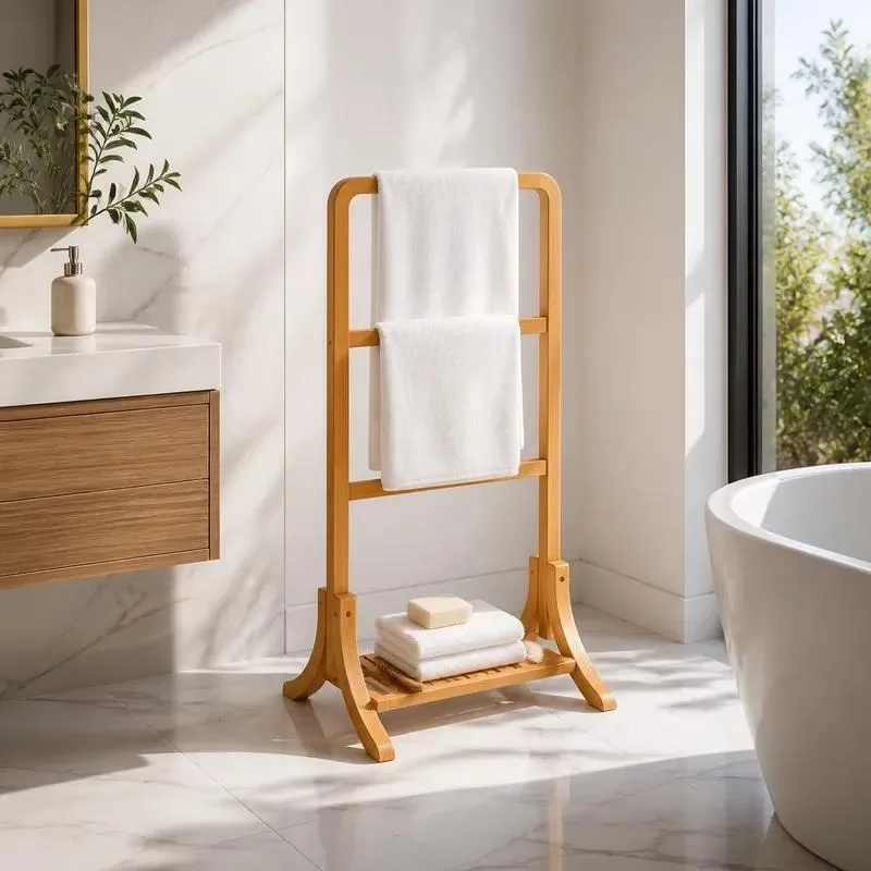 Simple Three Layer Multifunctional Bathroom Towel Rack Independent Bamboo Storage Shelf