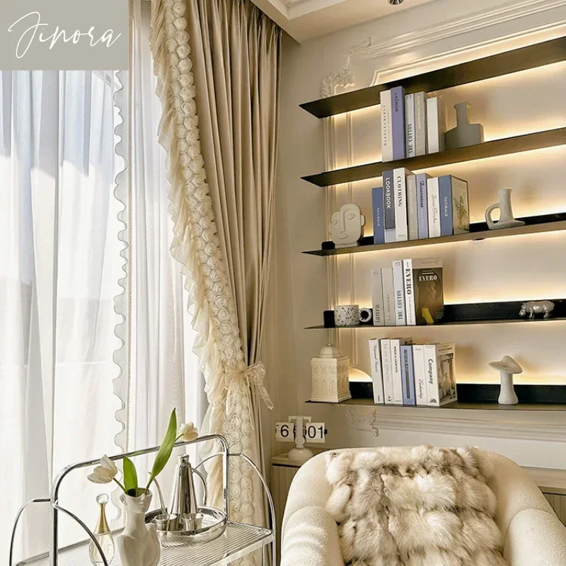 French Romantic Cream Style Curtains for Bedroom Living Room White Tea Rose Glossy Velvet Texture Rococo Curtains Customized