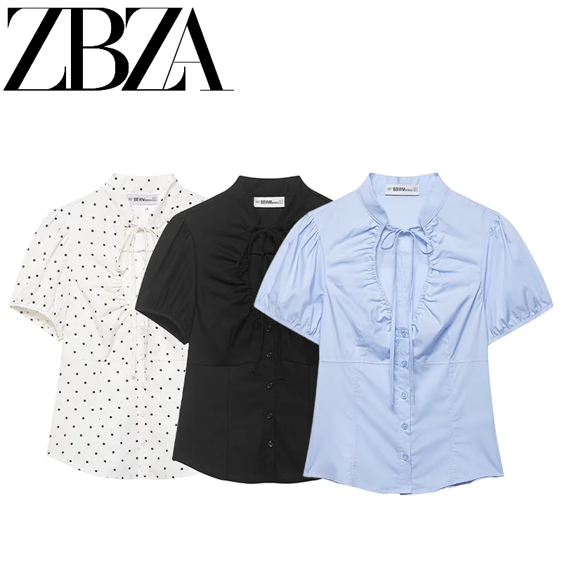 Spring New Arrival ZR Women's Fashionable Versatile  Knot Decorated Silk Blouse Polyester Fiber Short Sleeve Loose Fit