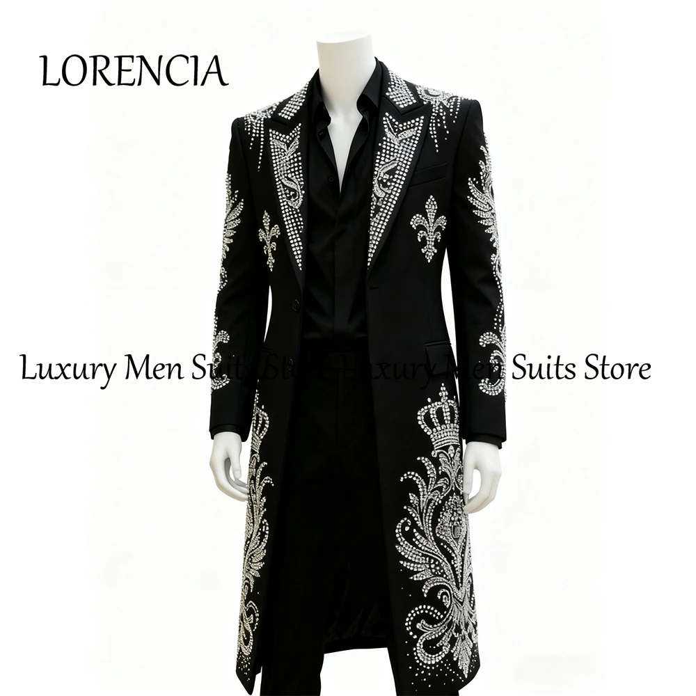 

Luxury Crystal Suits for Men 2 Pieces Long Jacket Tuxedos Wedding Party Outfits Customized Blazer Pants traje juvenil masculino