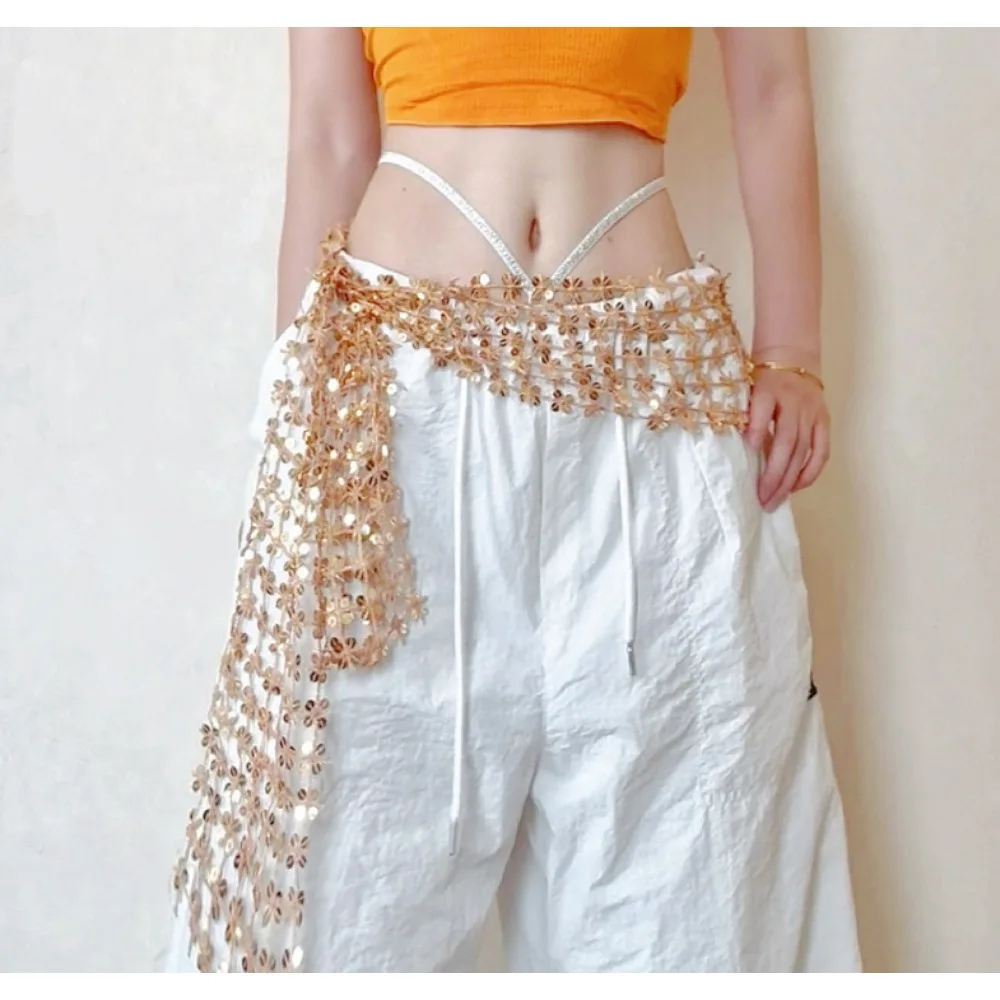Glitter Star Hip Scarf Dance Waist Chain Kpop Cover Adjustable Streetwear Waist Wrap with Sequins Hop Belly