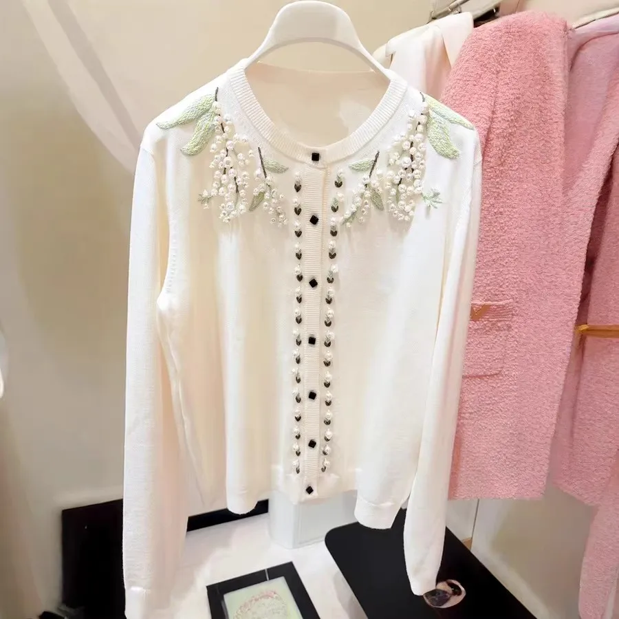 

Sweet Girls 2026 Spring White Wool Cardigan Long Sleeve Fashion Pearls Embroidery Black Knitwears