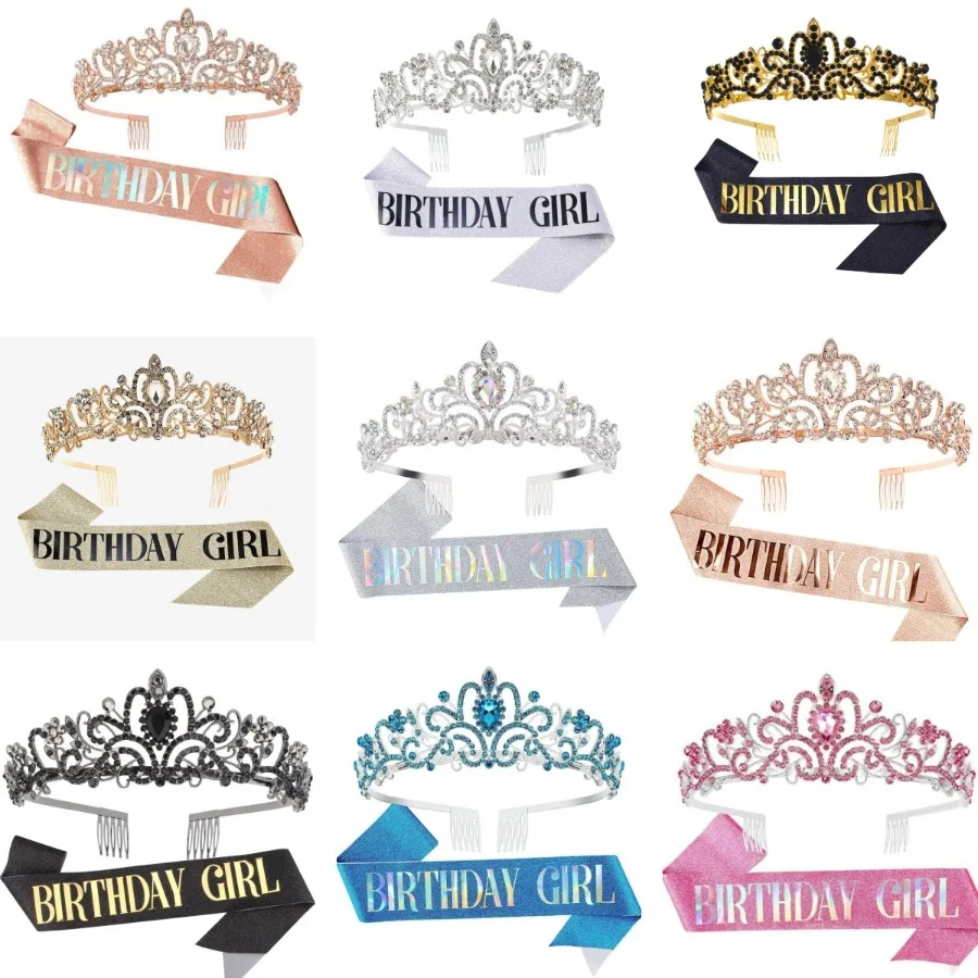 2Pcs Set Rhinestone Crystal Crown Tiara & “Birthday Girl” Sash, Women Birthday Party Decorations Accessory Kit