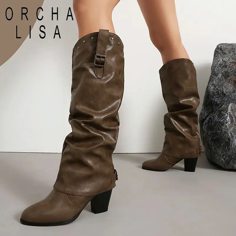 

ORCHA LISA Fashion 2025 Retro-Inspired Women's Knee High Boots Round Toe 7cm Block Heel Slip On Rivets Plus Size 46-48 Leisure