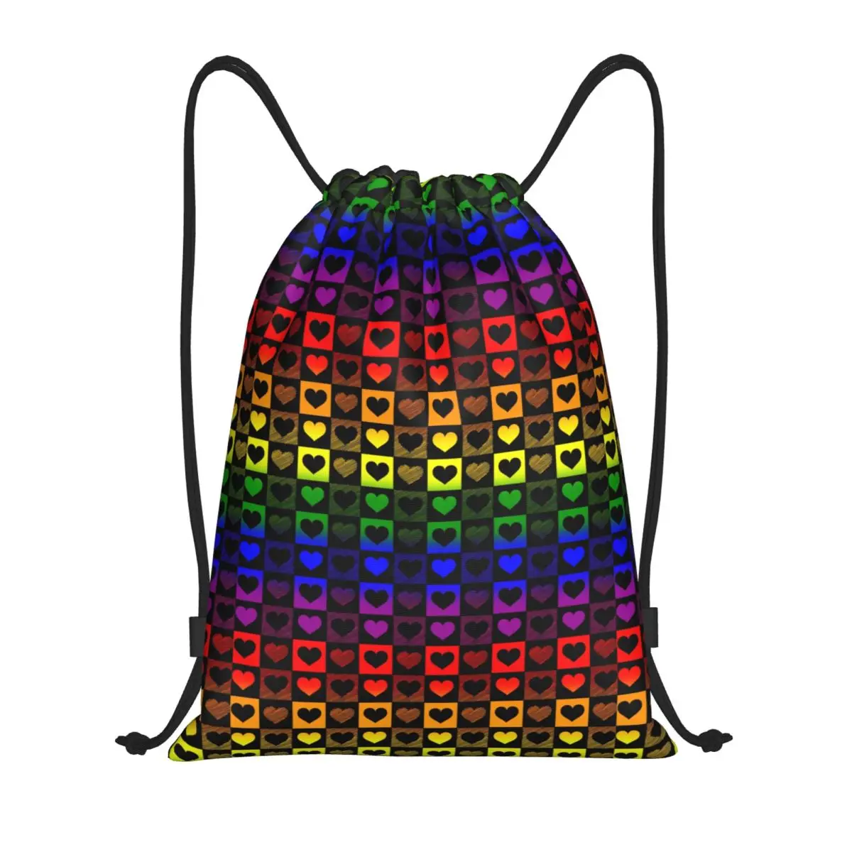Rainbow Heart Checkers Checkered Drawstring Backpack Sports Gym Bag for Men Women Training Sackpack