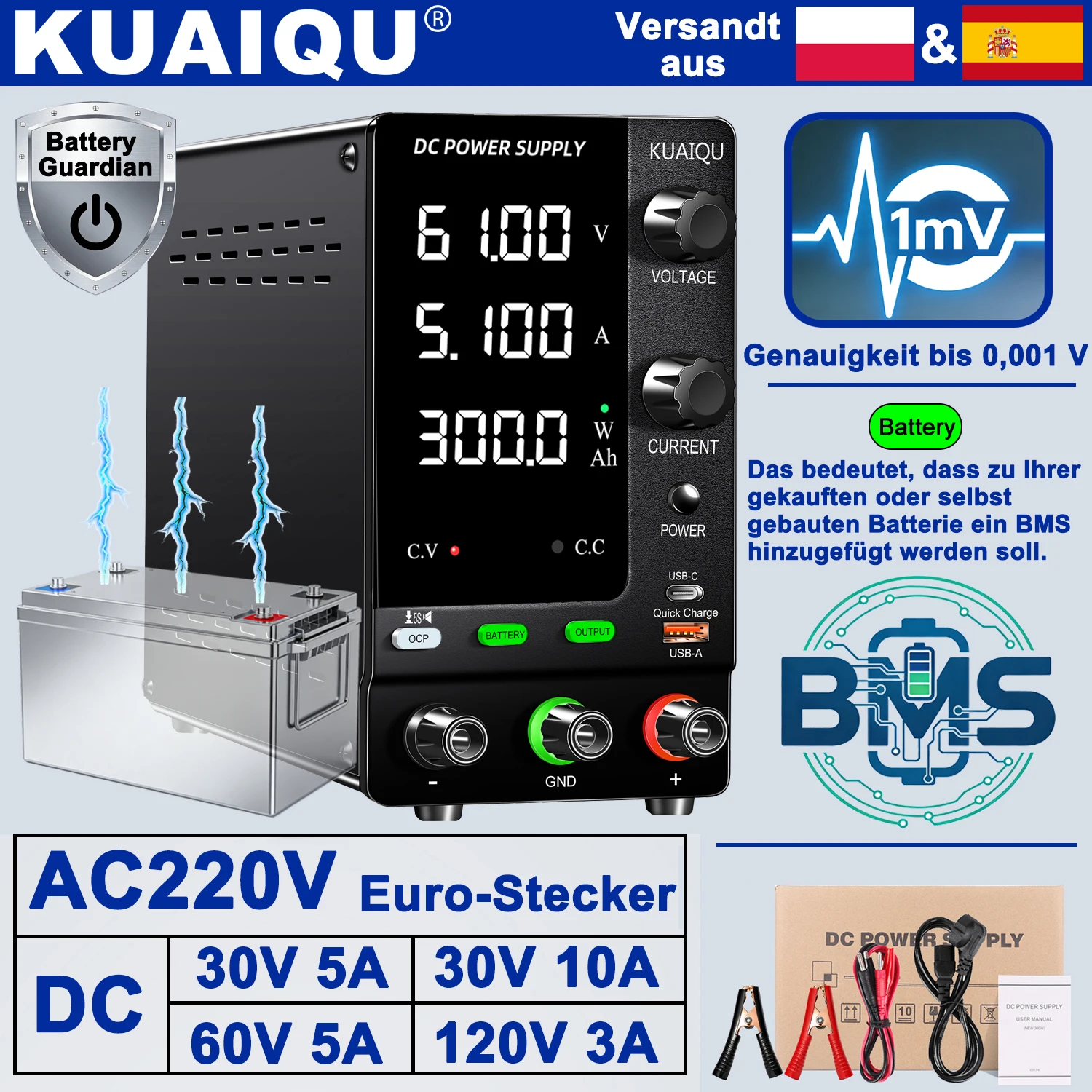 KUAIQU labornetzteil, variabel einstellbares, geregeltes Labornetzteil für schnelles Aufladen, entspricht dem Hinzufügen eines BMS zu Ihrer Batterie. 30V 5A, 30V 10A, 60V 5A, 120V 3A, 30V 20A, 30V