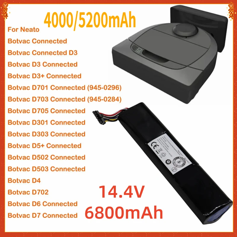 

945-0225/205-0011 for Neato Botvac Connected,D3,D3+,D4,D5,D5+,D6,D7,14.4V 4000/5200/6800mAh Li Ion Replacement Battery