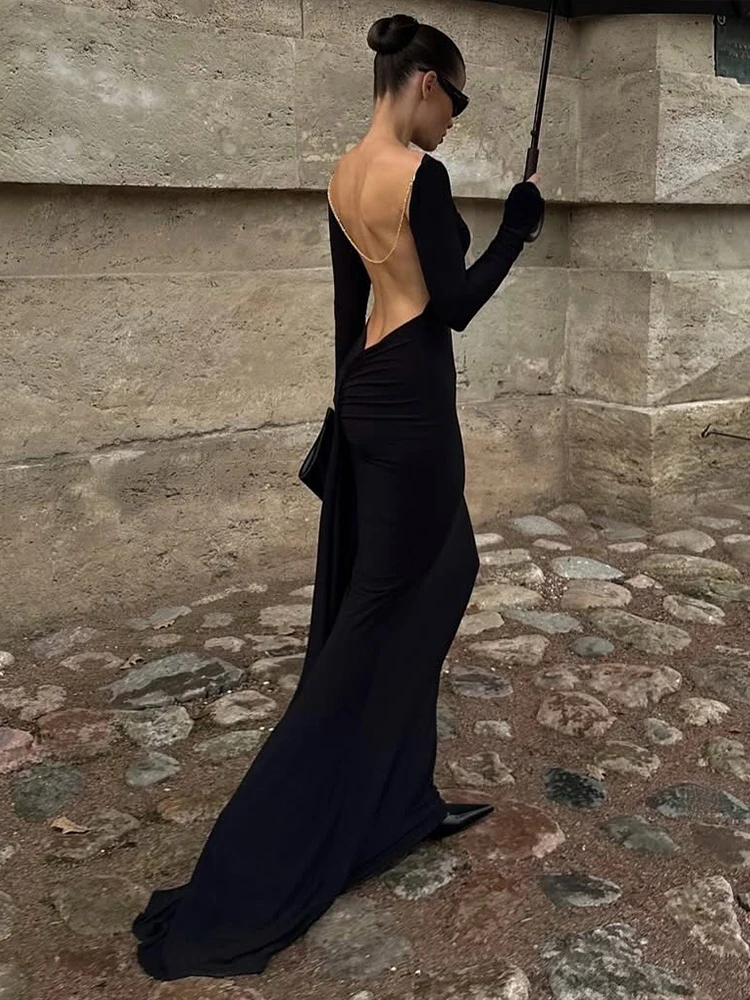 Kliou Metal Chain Backless Elegant Long Dresses Woman o-Neck Full Sleeve Skinny High Waist Midnight Prom Party Classic Vestidos - Image 3
