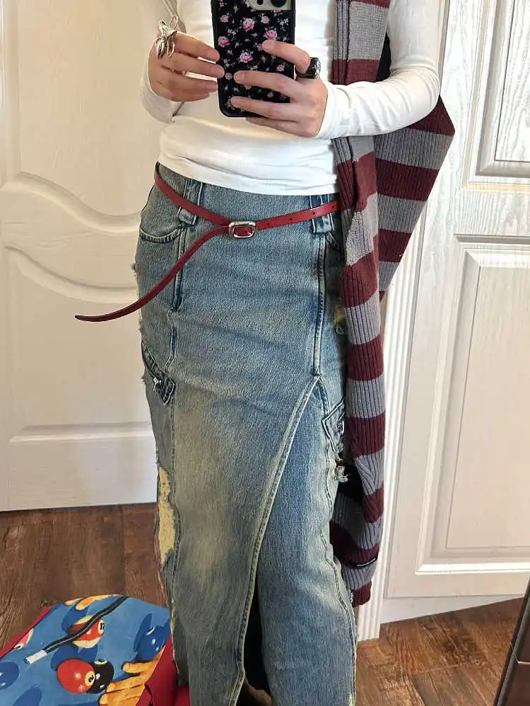 Falda vaquera Vintage Goblin Core coreana Y2k Maxi falda vaquera dividida Kpop Harajuku japonés Grunge 2000s estética Cyber Punk E-girl