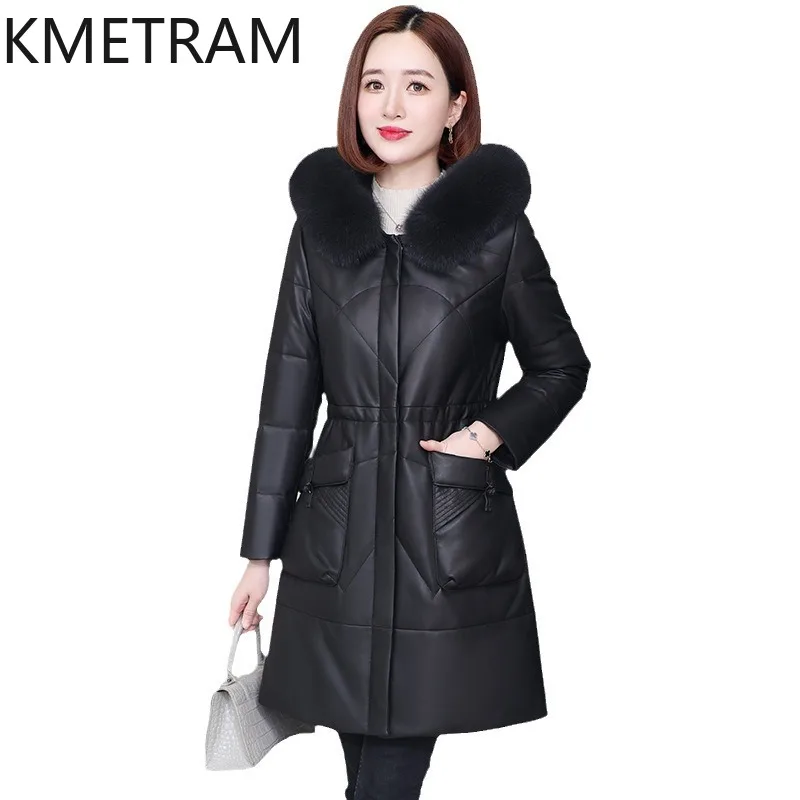 Veste matelassurera en peau de mouton véritable pour femme, combinaison longue en duvet, vêtements d'extérieur, vestes noires, mode, hiver, nouveau, 2024