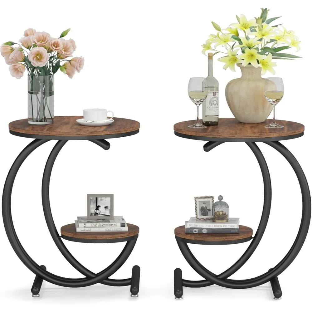 

Round Side Table Set of 2, Industrial 2-Tier End Table with Storage Shelf, Small Accent Table, Modern Nightstand Bedside