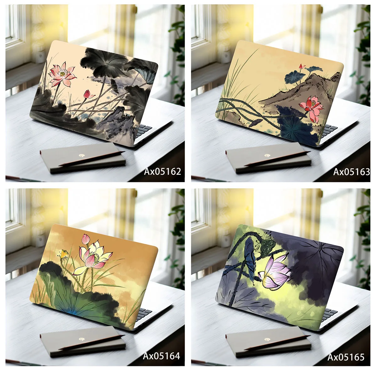 2Pcs Laptop Vinyl Skin Sticker Chinese Ink Lotus Flower Pattern Anti‑Scratch Waterproof Notebook Decor Decal for Home Office Use