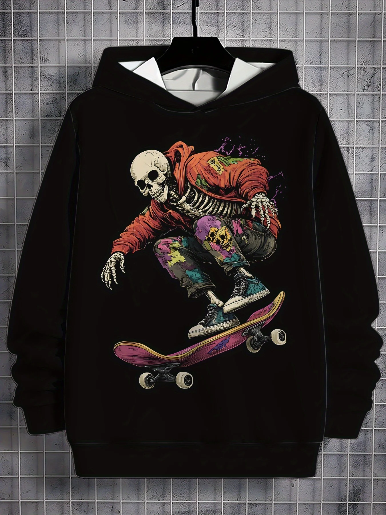 Cool Men'S Fashion Casual Outdoor Hoodies with Skateboard Skull Design, Featuring 3D Printing, Perfect for Home Relaxation