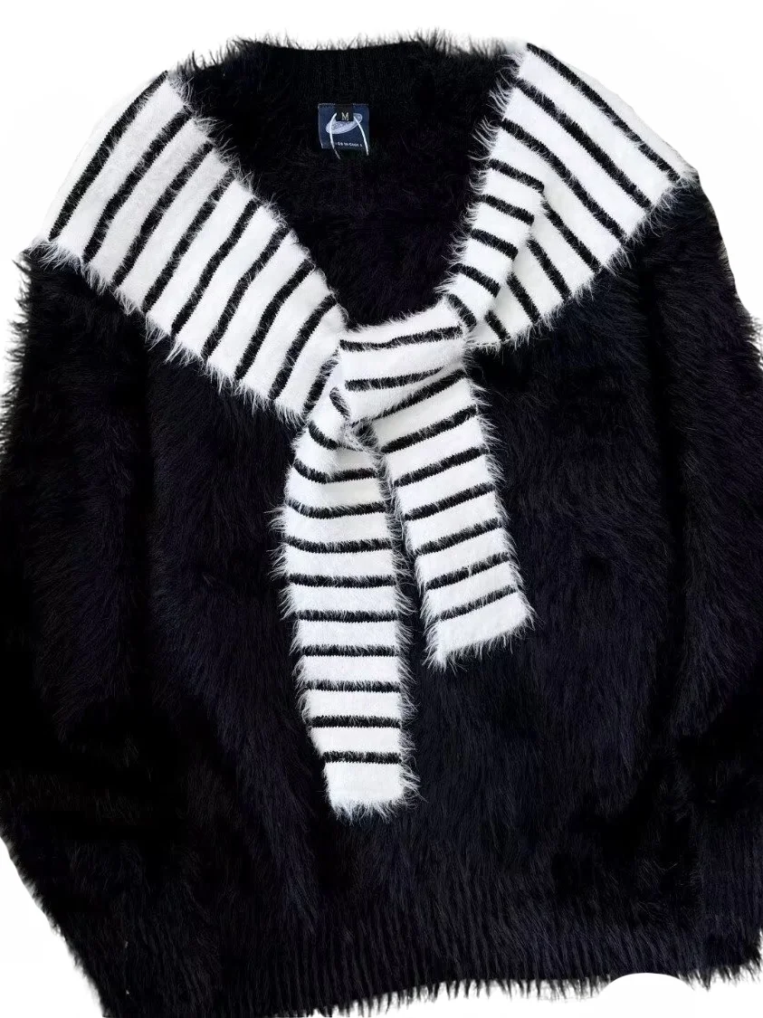 

American Retro Loose round Ne Knitted Sweater Mink Velvet oulder Wrap for Men Women Casual Sle Autumn Winter Lazy Coupl...