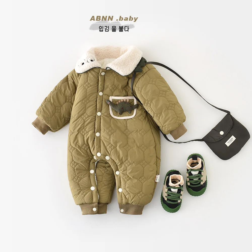 2025 Winter New Baby Long Sleeve Warm Romper Plus Velvet Thick Infant Boy Girl Cute Lapel Fleece Jumpsuit Toddler Clothes 0-24M