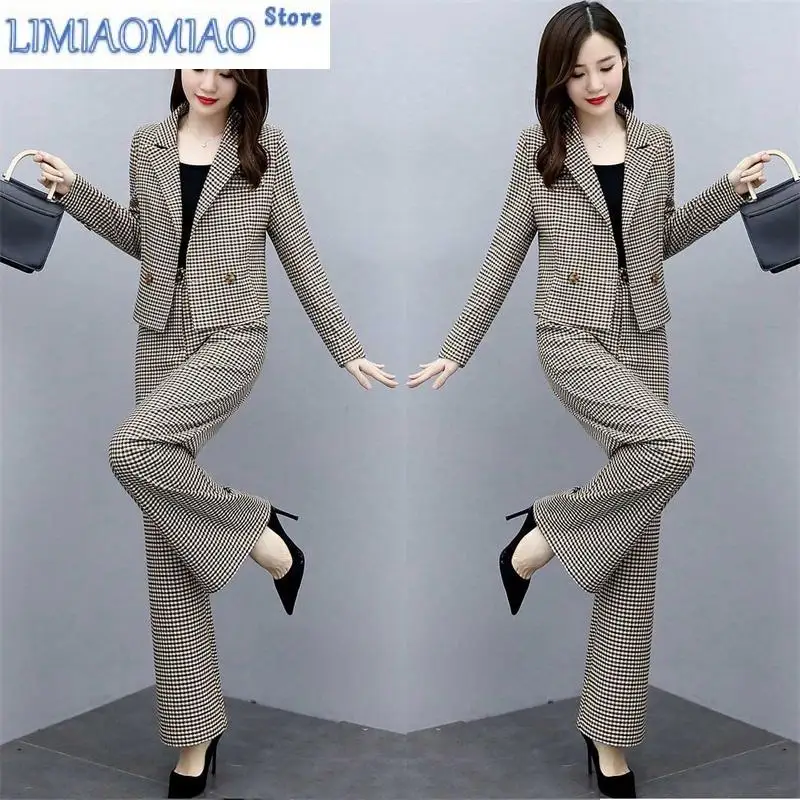 Women's New Long-Sleeved Ladies Temperament Thin Goddess Fan Wide-Leg Pants Plaid Professional Suit Lady Blazer Jacket Sets