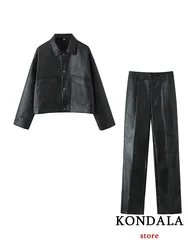 KONDALA Vintage Solid Women Leather Suit Black Single Button Pockets Jackets Straight Long Zipper Pants Fashion 2023 Autumn Sets