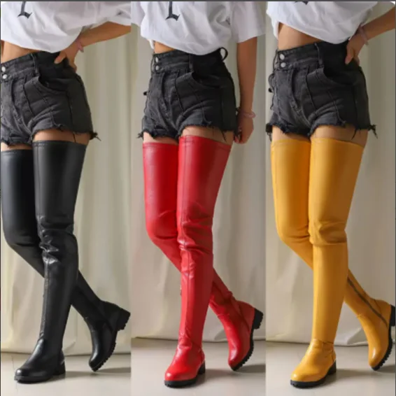 Taglia 46 stivali da donna colore moda tacchi bassi stivali sopra il ginocchio 2024 autunno inverno Zip laterale stivali alti alla coscia elastici