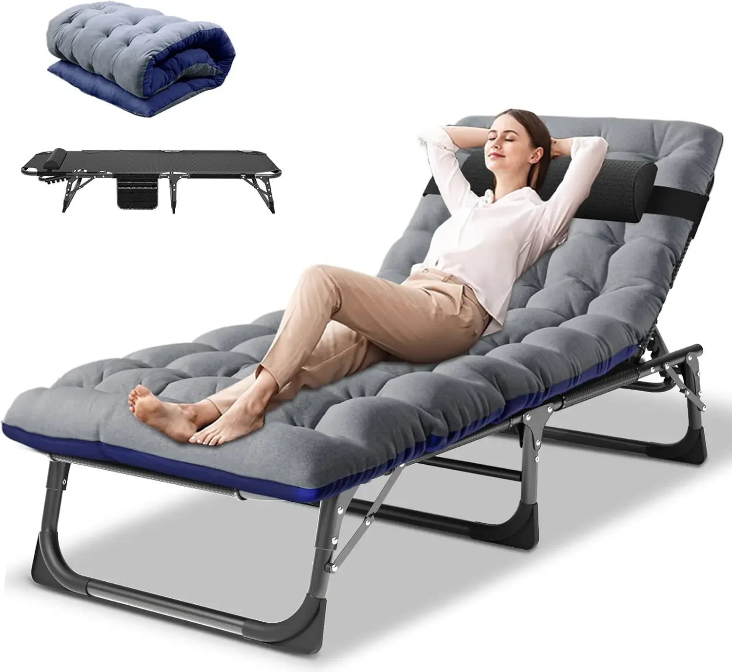 Folding Lounge Chair with Mattress, 4 Position Adjustable Folding Sleeping Bed Cot Chaise Lounge Chairs Perfect for Sunbathing,