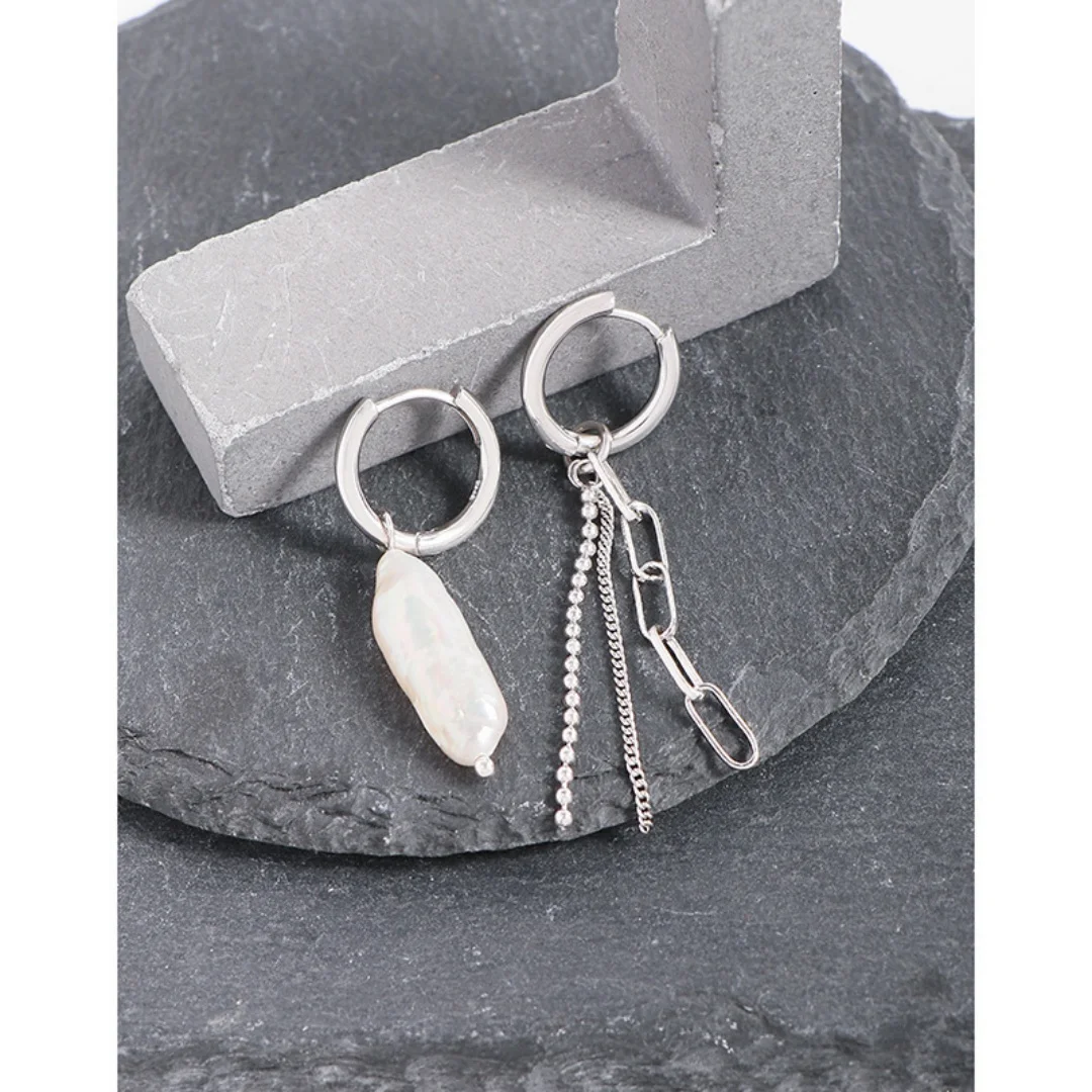 

Легкие роскошные нишевые серьги с натуральным жемчугом неправильной формы - серьги с кисточками из стерлингового серебра с асимметричной цепочкой для женщин