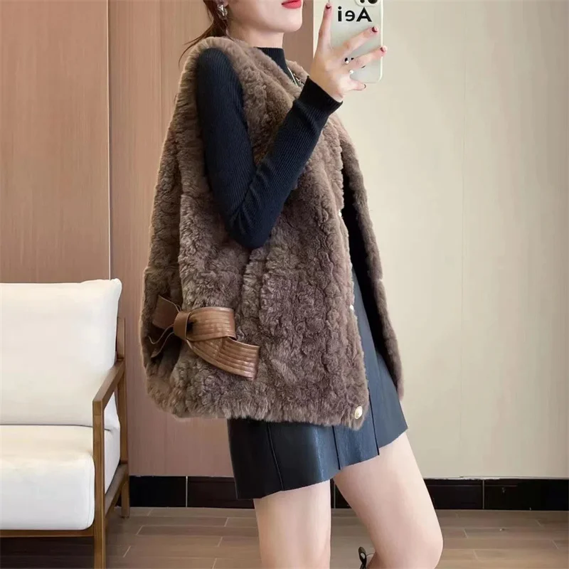 Small Wind Lamb Fur Vest Women 2023 Autumn Winter New Fur one Imitation Rabbit Fur Vest Female Loose Vest  Coat young Cardigan