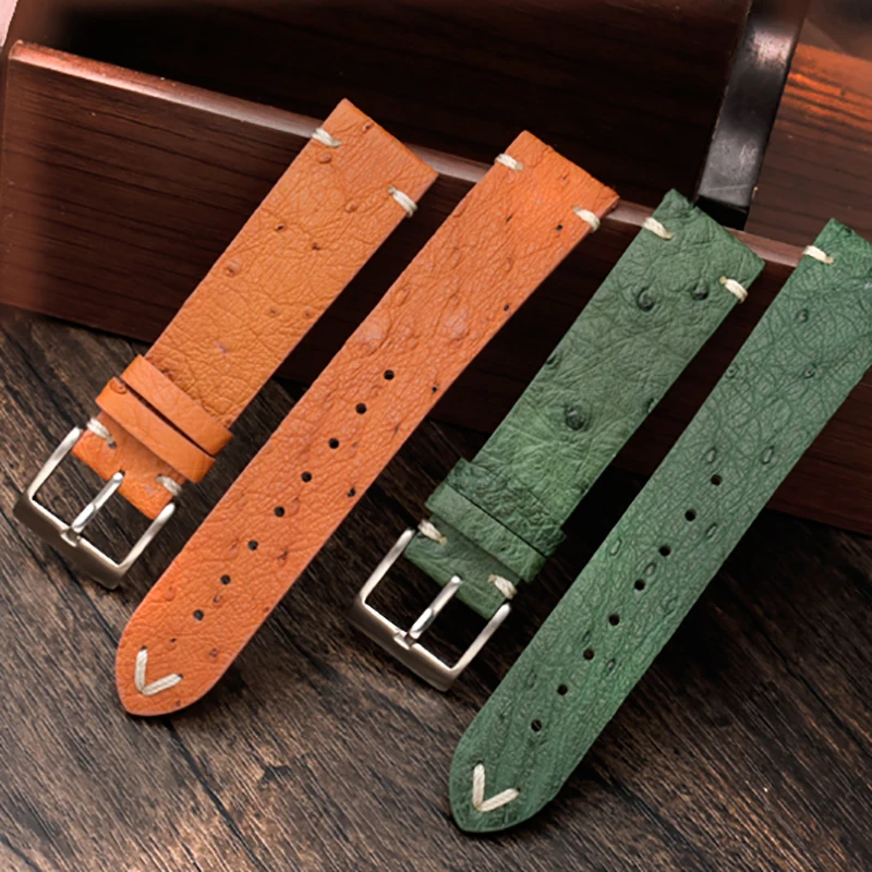 18mm 20mm 22mm Vintage Ostrich Leather Watchband for Seiko Prospex Green Water Ghost Omega Seamaster 300 Watch Strap Bracelet