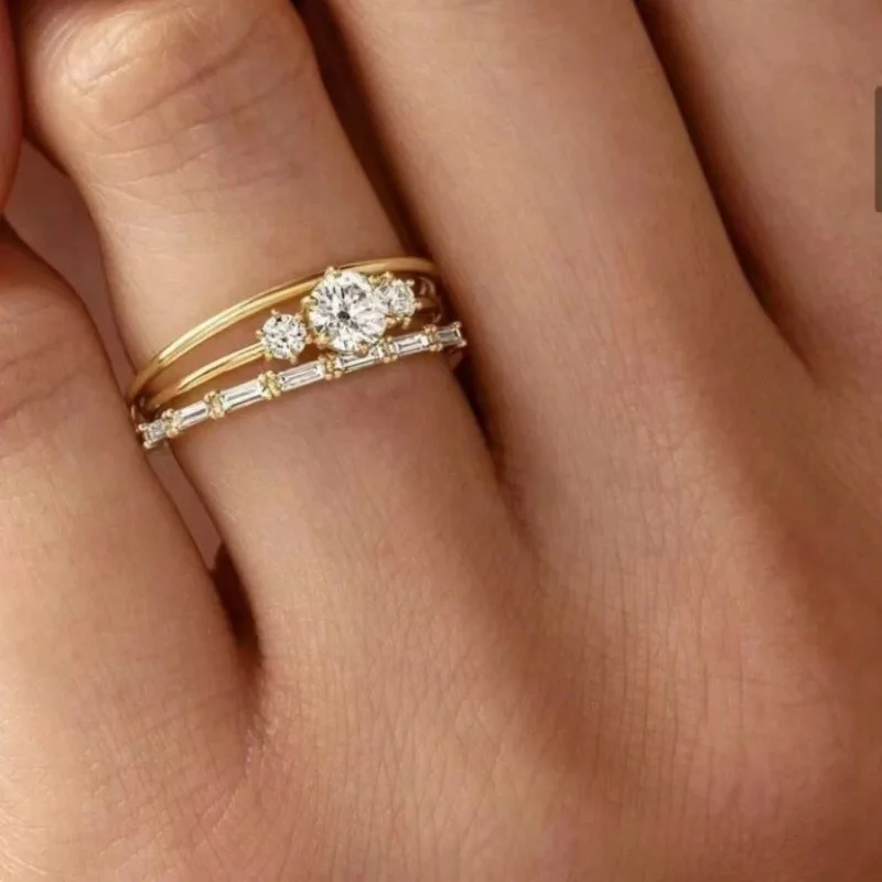Round New Gold Zircon Ring with Elegant Temperament, High-end Commuting, Simple Three Piece Set of Jewelry and Accessories