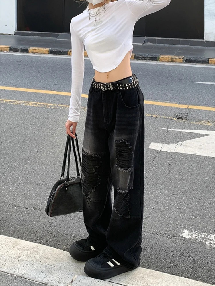 

Модные мужские рваные джинсы в американском уличном стиле, свободные широкие брюки прямого кроя для повседневной носки на осенний сезон