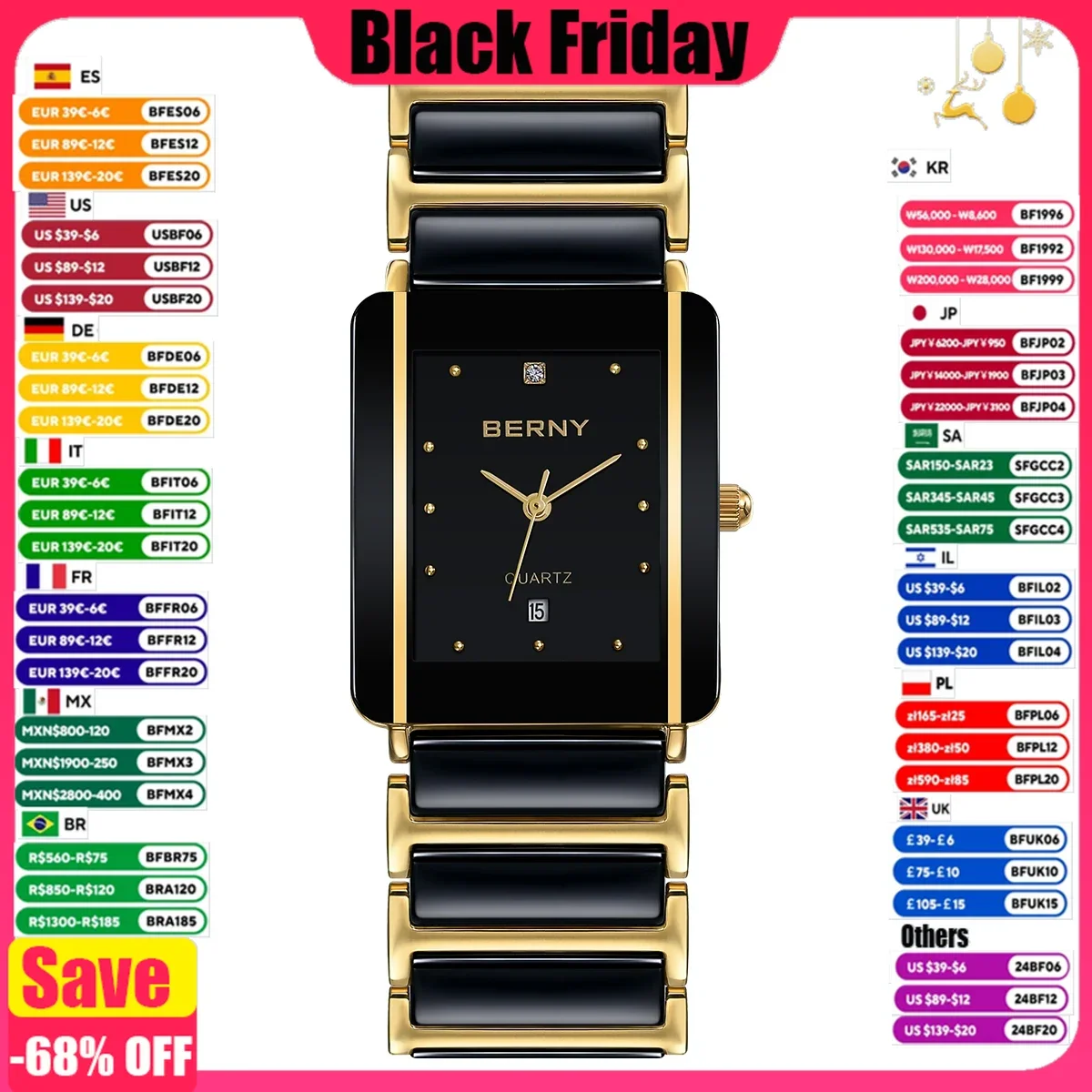 BERNY Ceramic Quartz Men Watch Fashion Luxury Rectangle Wristwatch XV12 Waterproof Calendar Diamon Black Gold Couple Gifts Watch