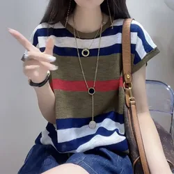 2024 Summer New Fashion Contrast Color Striped T-Shirts Women Round Neck Short Sleeve Ice Silk Fabric Knitting Loose Pullovers