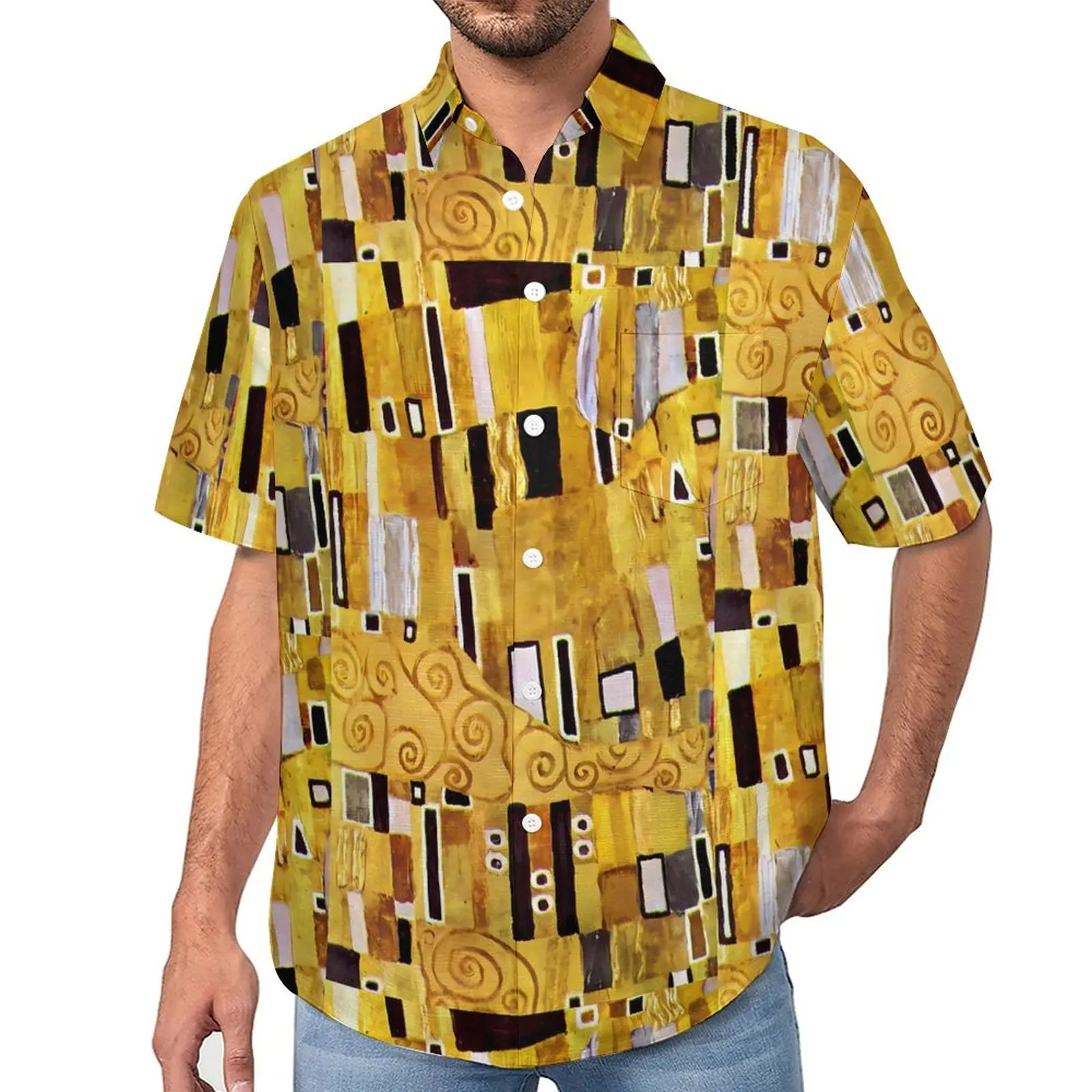 

Gustav Klimt Art Casual Shirts The Kiss Pattern Vacation Shirt Summer Fashion Blouses Man Print Plus Size 4XL