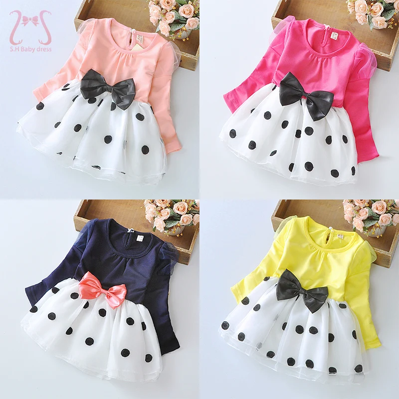 Spring Baby Girls Long Sleeve Dresses Polka Dot Bow Knot Toddler Birthday Party Princess Evening Dress 1 To 4 Y Children Clothes