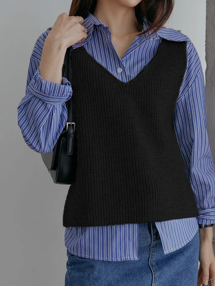 2 Two Piece Blue Striped Blouse + V Neck Sweater Vest Fashion Office Ladies Long Sleeve Shirts Women Outfits Spring Autumn Sets