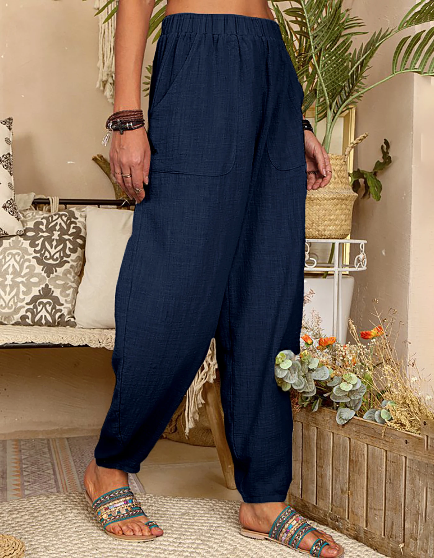 Damenmode Boho Haremshose Lässige Weite Hose mit Elastischem Bund und Seitentaschen in Unifarbe für den Alltag – Detail 3