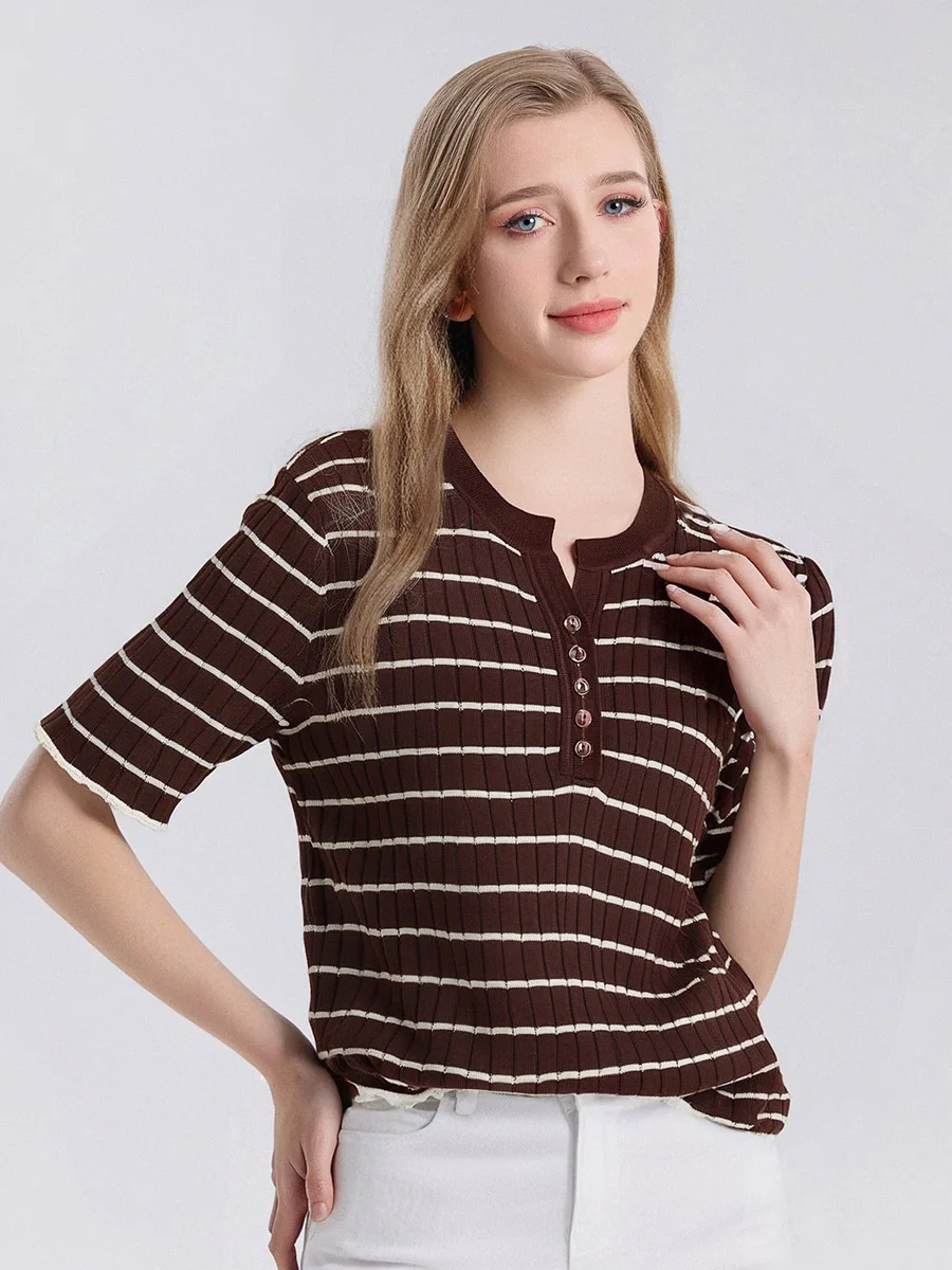 SuyaDream, T-shirt da donna a righe, girocollo, camicia chic a maniche corte, 70% seta 30% cotone, Top accogliente primavera estate 2025,