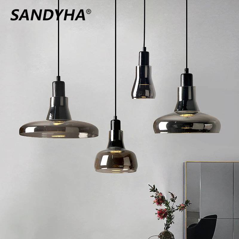 SANDYHA Nordic Smoky Gray szklana lampa wisząca prosty żyrandol do sypialni nocna jadalnia oświetlenie Led do pokoju oświetlenie wiszące armatury